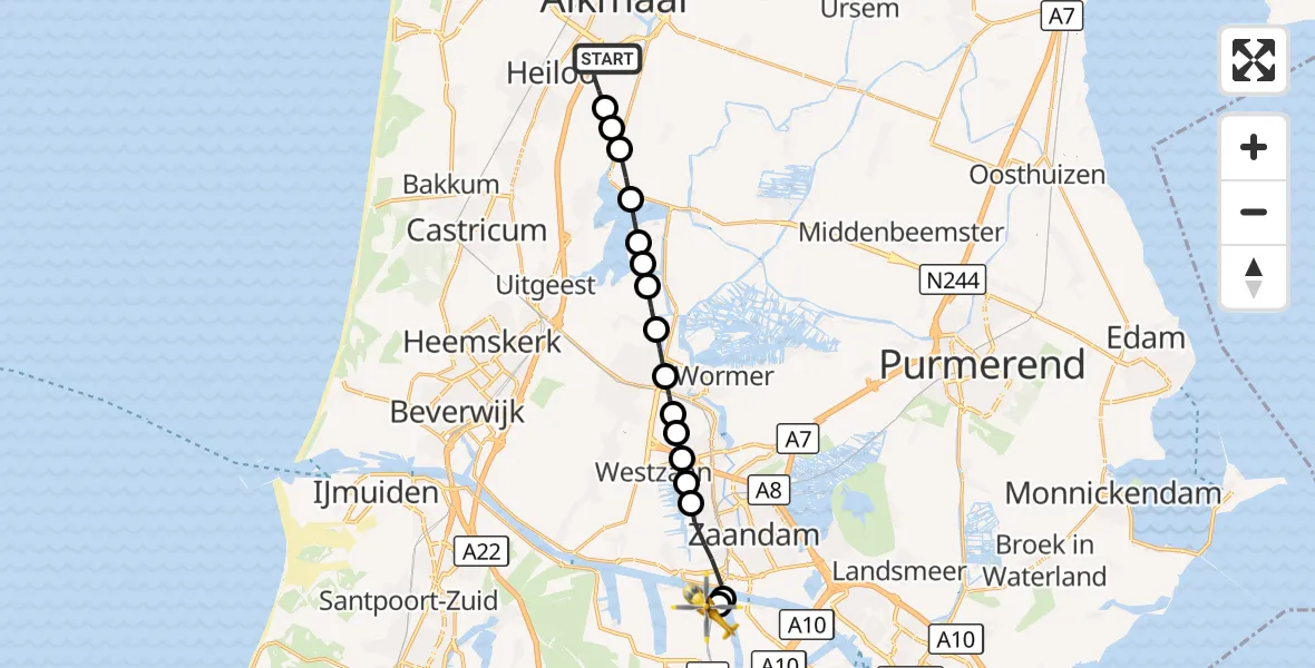 Vluchtroute Traumahelikopter Alkmaar - Amsterdam Heliport, 14 oktober 2026, 19:58