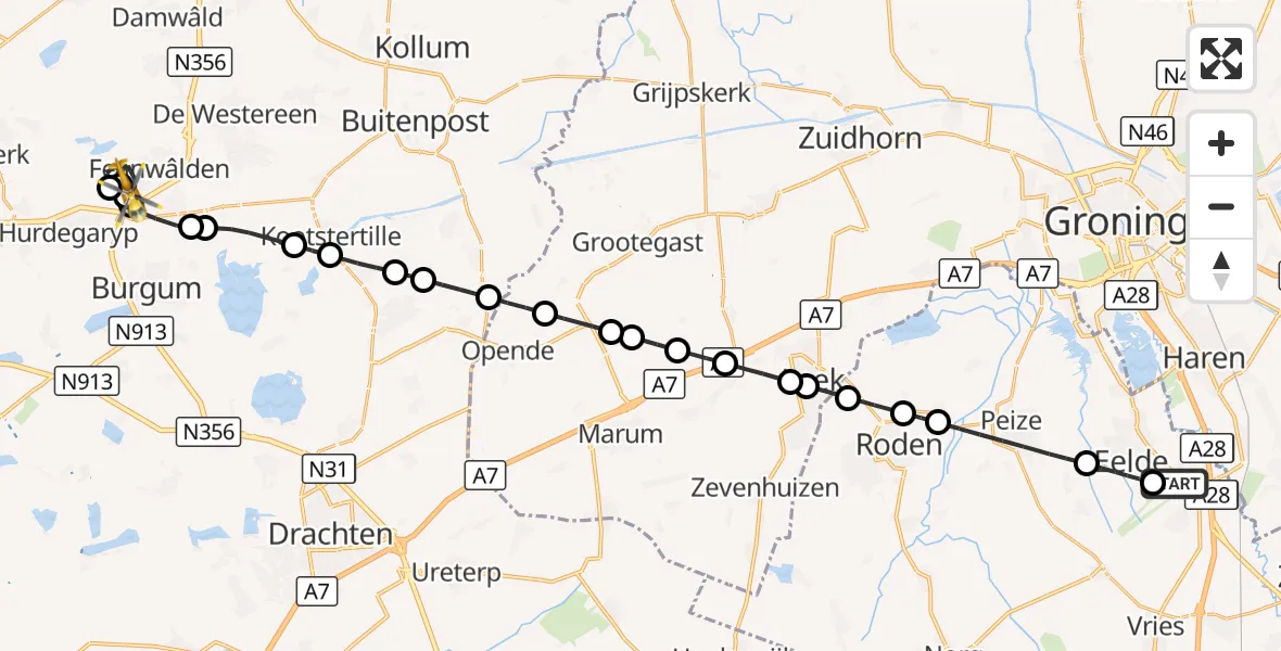Vluchtroute Traumahelikopter Groningen Airport Eelde - Feanwâlden, 15 oktober 2026, 03:32