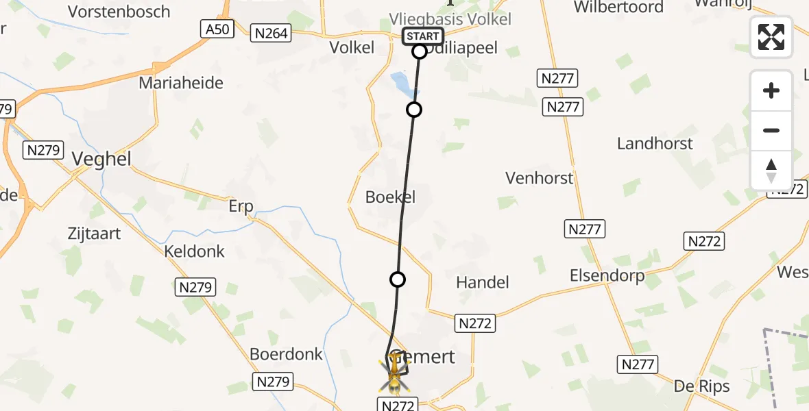 Vluchtroute Traumahelikopter Vliegbasis Volkel - Gemert, 15 oktober 2026, 05:15