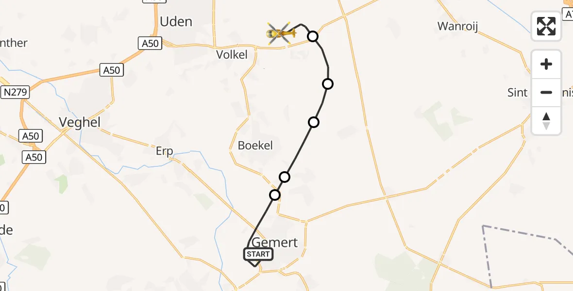 Vluchtroute Traumahelikopter Gemert - Vliegbasis Volkel, 15 oktober 2026, 05:41