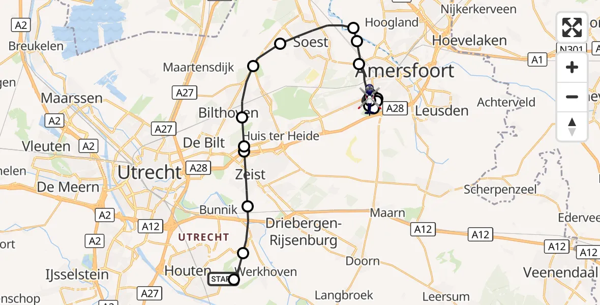Vluchtroute Politiehelikopter Houten - Amersfoort, 15 oktober 2026, 07:44