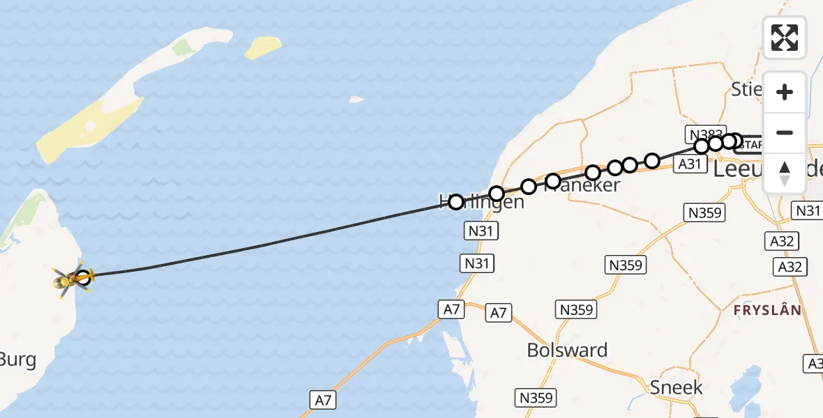 Vluchtroute Ambulancehelikopter Vliegbasis Leeuwarden - Oosterend, 15 oktober 2026, 08:09