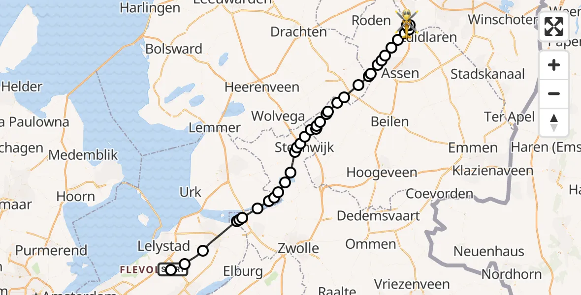Vluchtroute Traumahelikopter Lelystad Airport - Groningen Airport Eelde, 15 oktober 2026, 09:23