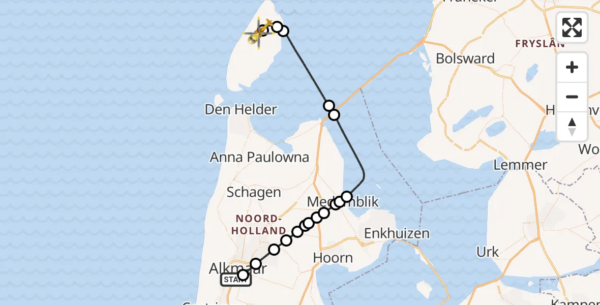 Vluchtroute Ambulancehelikopter Alkmaar - Texel International Airport, 15 oktober 2026, 10:27
