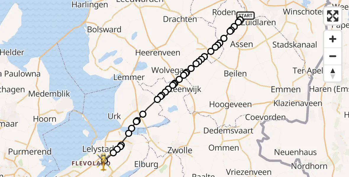 Vluchtroute Traumahelikopter Groningen Airport Eelde - Lelystad Airport, 15 oktober 2026, 11:02