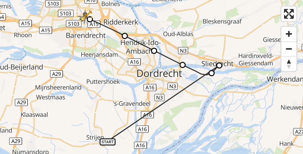 Vluchtroute Traumahelikopter Strijen - Rotterdam, 15 oktober 2026, 12:05