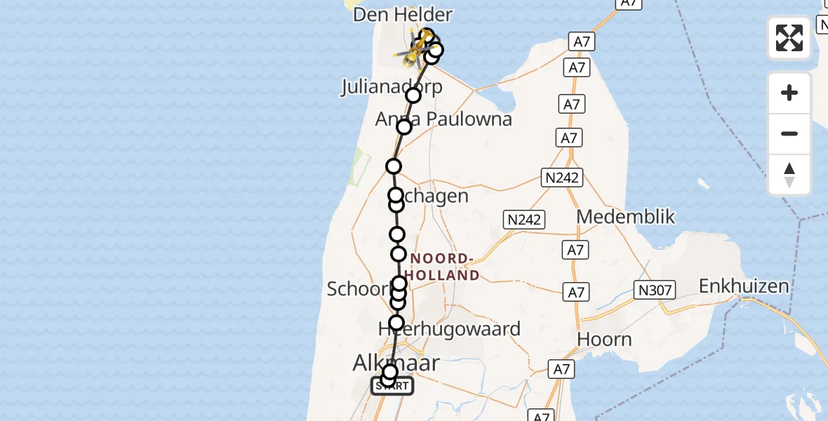 Vluchtroute Ambulancehelikopter Alkmaar - Militair vliegveld De Kooy / Den Helder Airport, 15 oktober 2026, 12:29