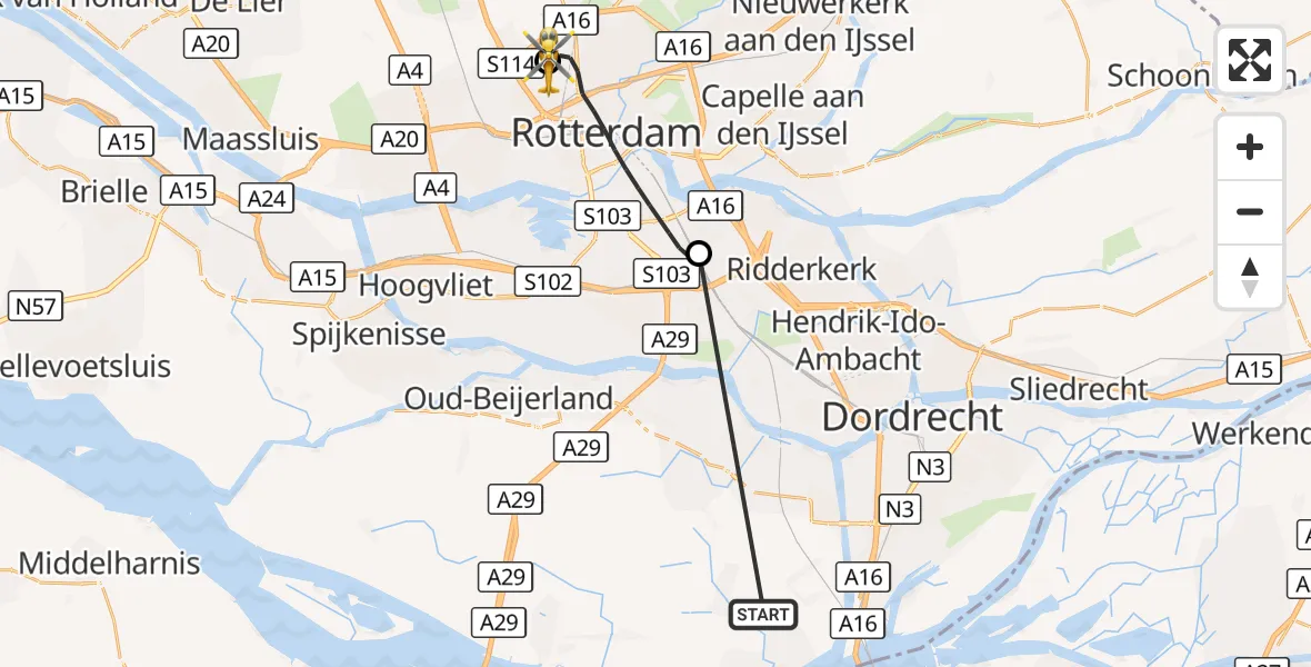 Vluchtroute Traumahelikopter Strijen - Rotterdam The Hague Airport, 15 oktober 2026, 12:48