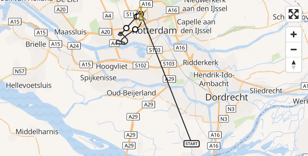 Vluchtroute Traumahelikopter Strijen - Rotterdam The Hague Airport, 15 oktober 2026, 13:32