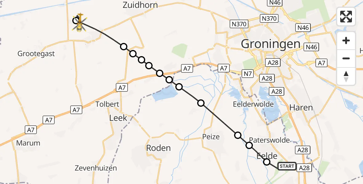 Vluchtroute Traumahelikopter Groningen Airport Eelde - Oldekerk, 15 oktober 2026, 15:47