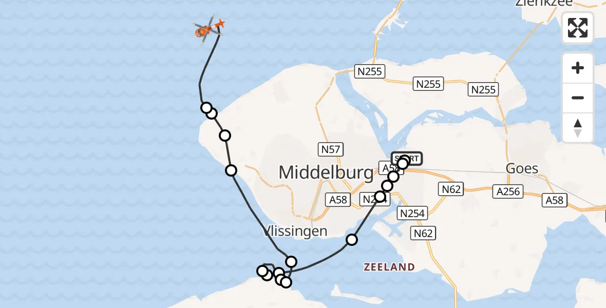 Vluchtroute Kustwachthelikopter Vliegveld Midden-Zeeland - Noordzee, 15 oktober 2026, 16:22