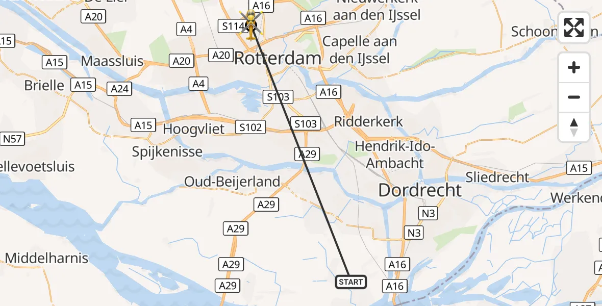 Vluchtroute Traumahelikopter Strijen - Rotterdam The Hague Airport, 15 oktober 2026, 17:10