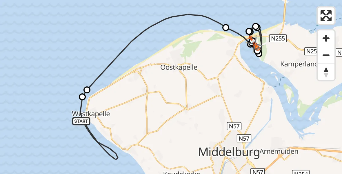Vluchtroute Kustwachthelikopter Noordzee - Kamperland, 15 oktober 2026, 17:22