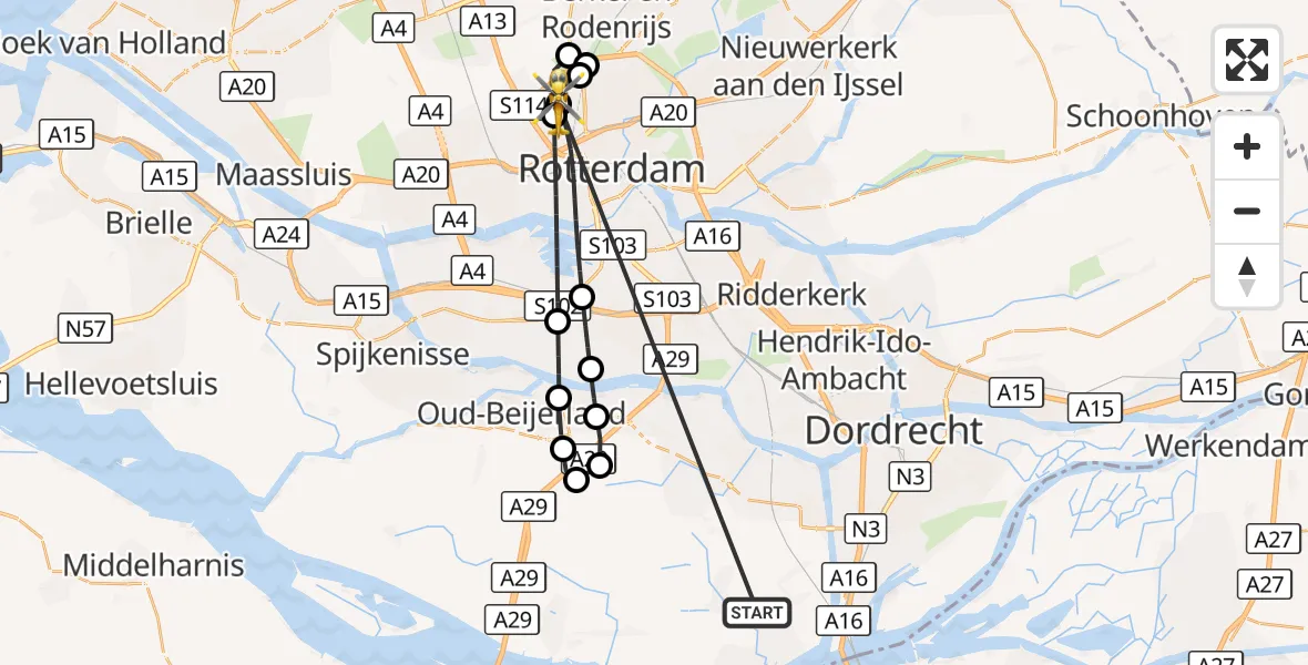 Vluchtroute Traumahelikopter Strijen - Rotterdam The Hague Airport, 15 oktober 2026, 18:11