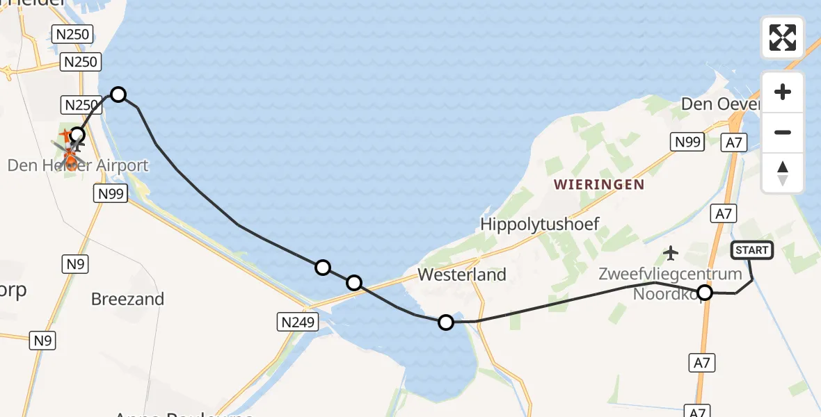 Vluchtroute Kustwachthelikopter Wieringerwerf - Militair vliegveld De Kooy / Den Helder Airport, 15 oktober 2026, 18:25