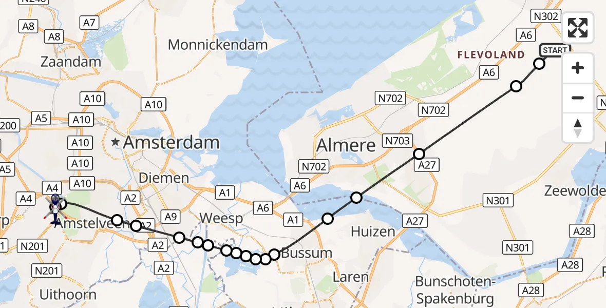 Vluchtroute Politiehelikopter Lelystad Airport - Amsterdam Vliegveld Schiphol, 15 oktober 2026, 19:27