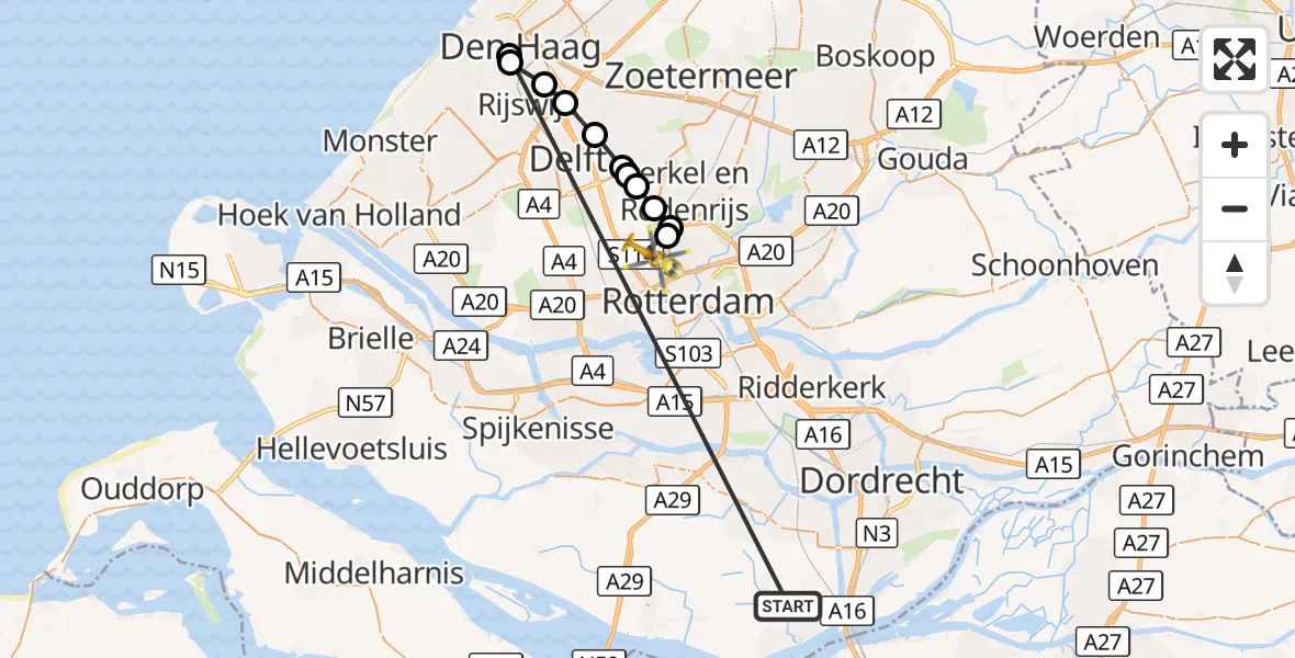 Vluchtroute Traumahelikopter Strijen - Rotterdam The Hague Airport, 15 oktober 2026, 20:18