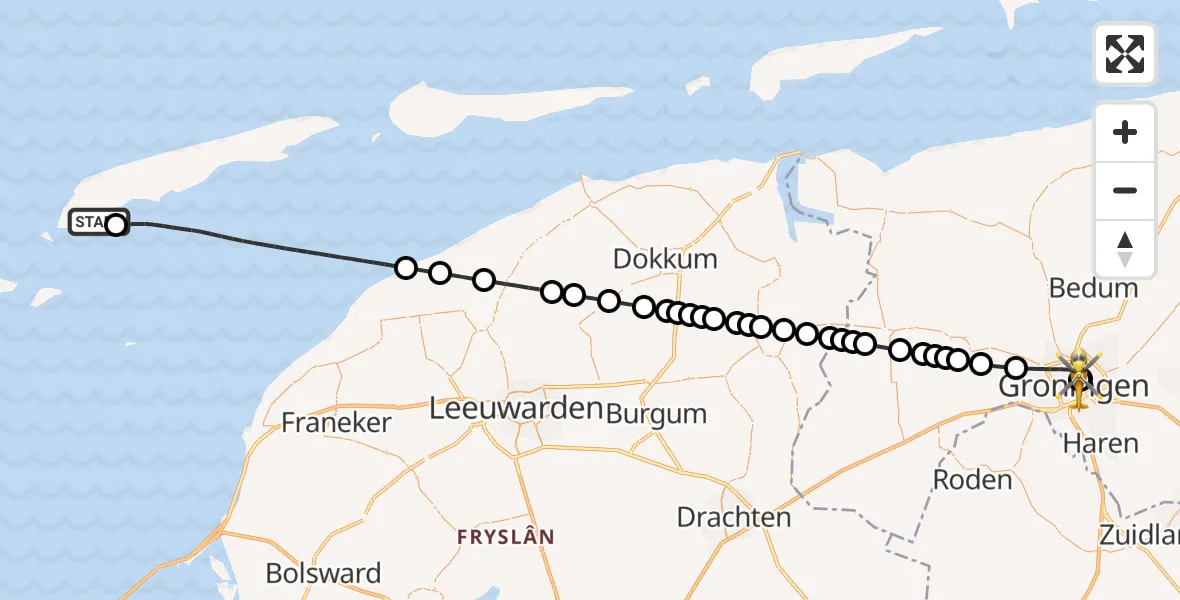 Vluchtroute Ambulancehelikopter West-Terschelling - Universitair Medisch Centrum Groningen, 16 oktober 2026, 01:45