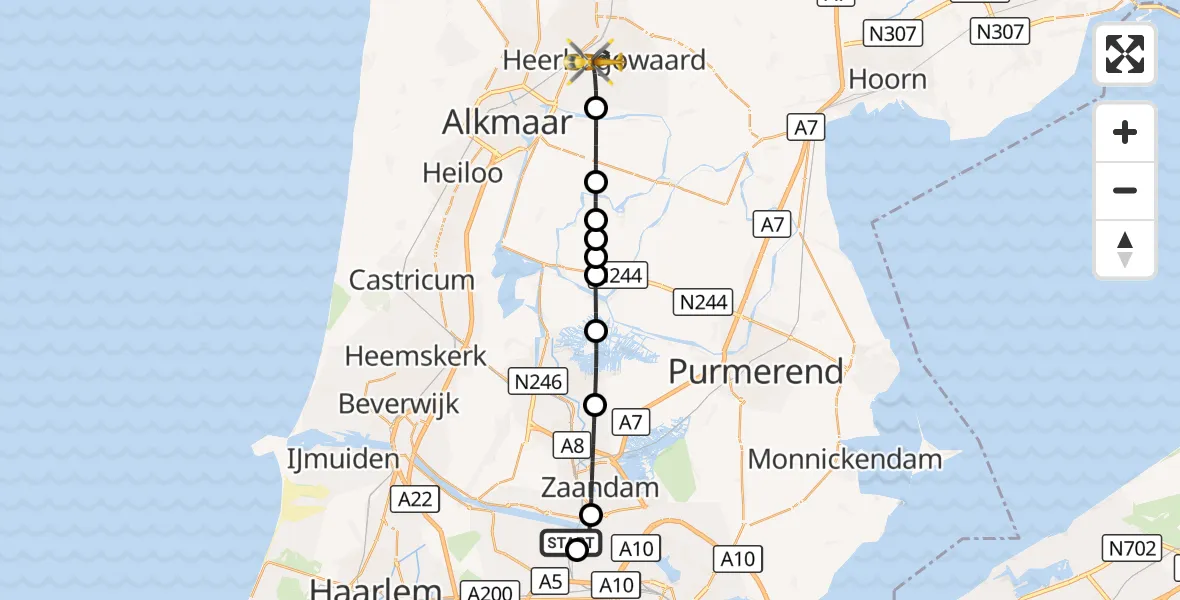 Vluchtroute Traumahelikopter Amsterdam Heliport - Heerhugowaard, 16 oktober 2026, 05:33
