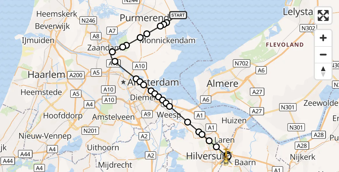 Vluchtroute Traumahelikopter Volendam - Baarn, 16 oktober 2026, 06:47