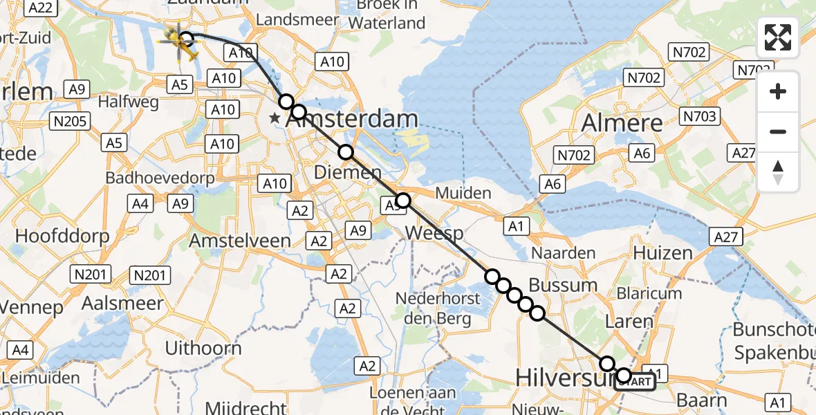 Vluchtroute Traumahelikopter Baarn - Amsterdam Heliport, 16 oktober 2026, 07:13
