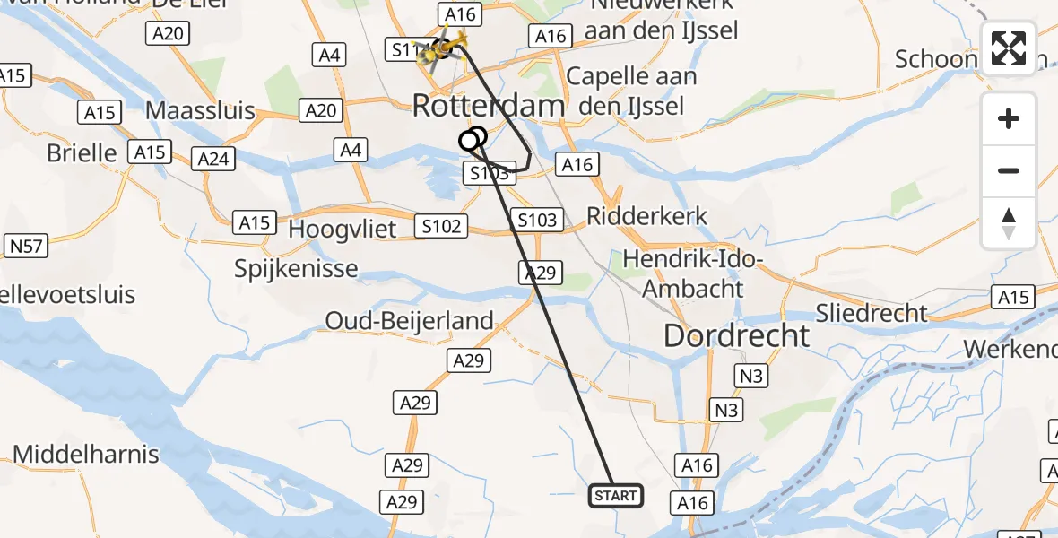 Vluchtroute Traumahelikopter Strijen - Rotterdam The Hague Airport, 16 oktober 2026, 07:49