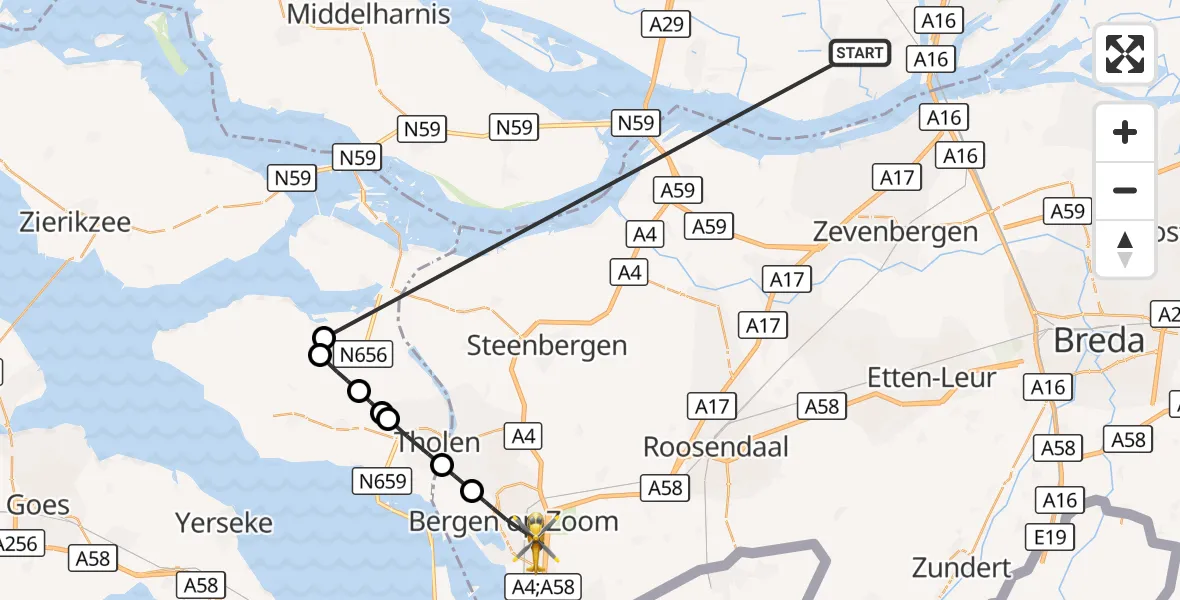 Vluchtroute Traumahelikopter Strijen - Bergen op Zoom, 16 oktober 2026, 09:49
