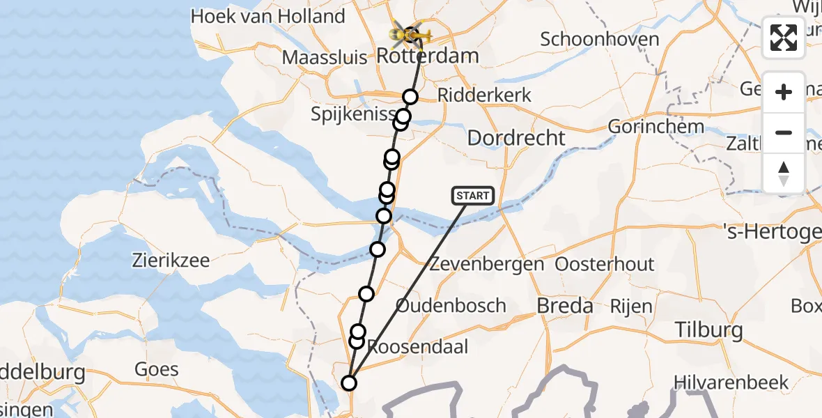 Vluchtroute Traumahelikopter Strijen - Rotterdam The Hague Airport, 16 oktober 2026, 10:25