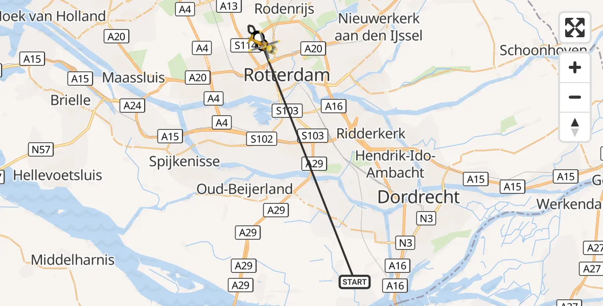 Vluchtroute Traumahelikopter Strijen - Rotterdam The Hague Airport, 16 oktober 2026, 12:07