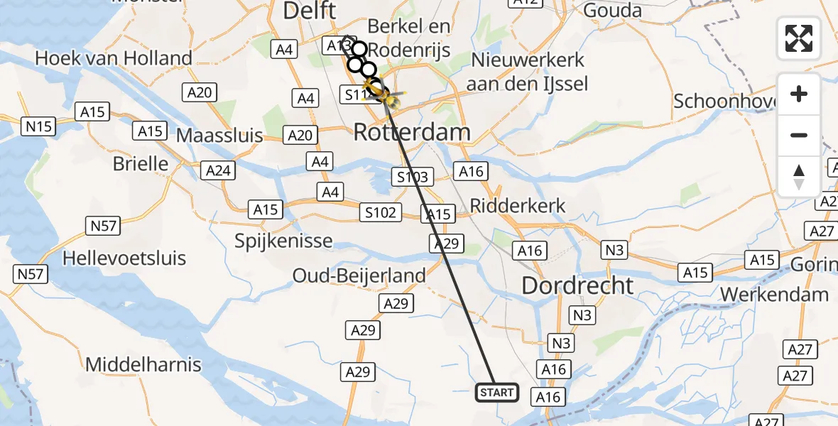 Vluchtroute Traumahelikopter Strijen - Rotterdam The Hague Airport, 16 oktober 2026, 14:17