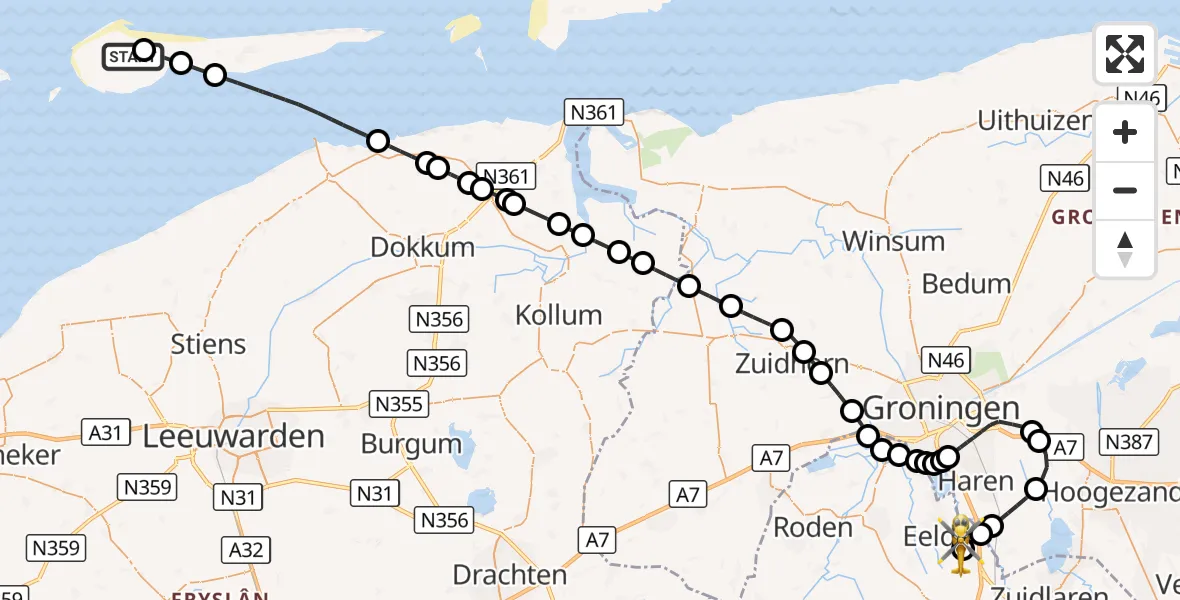 Vluchtroute Ambulancehelikopter Ameland Vliegveld Ballum - Groningen Airport Eelde, 16 oktober 2026, 15:17