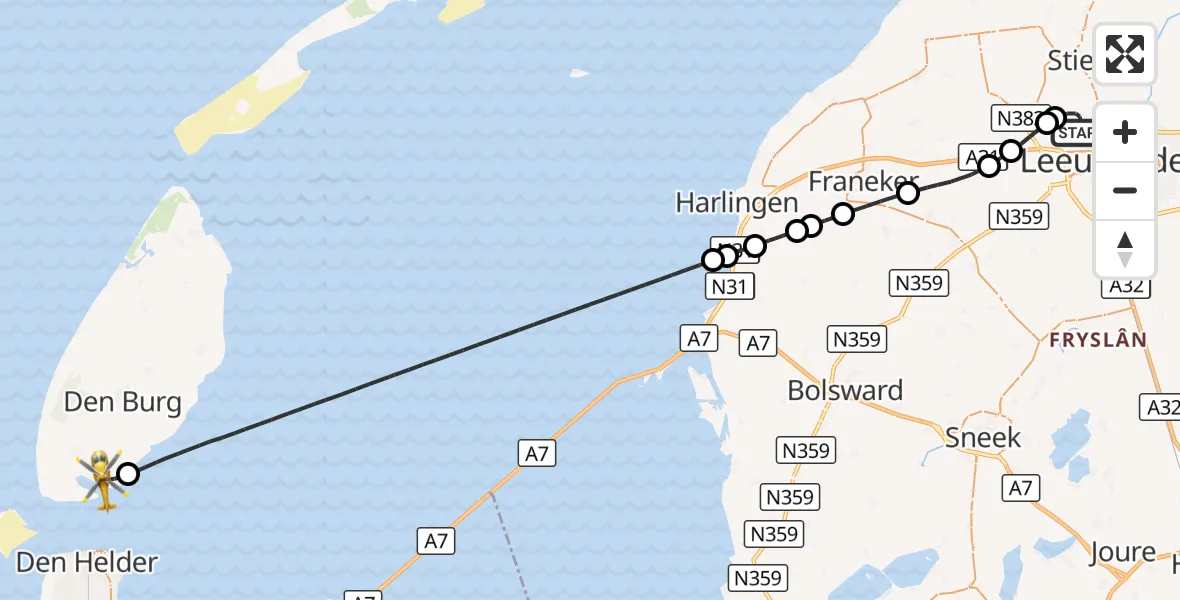 Vluchtroute Ambulancehelikopter Vliegbasis Leeuwarden - Den Hoorn, 16 oktober 2026, 19:28