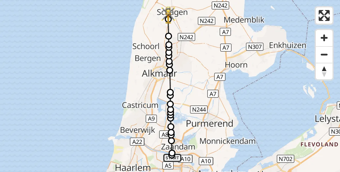 Vluchtroute Traumahelikopter Amsterdam Heliport - Schagen, 16 oktober 2026, 21:53