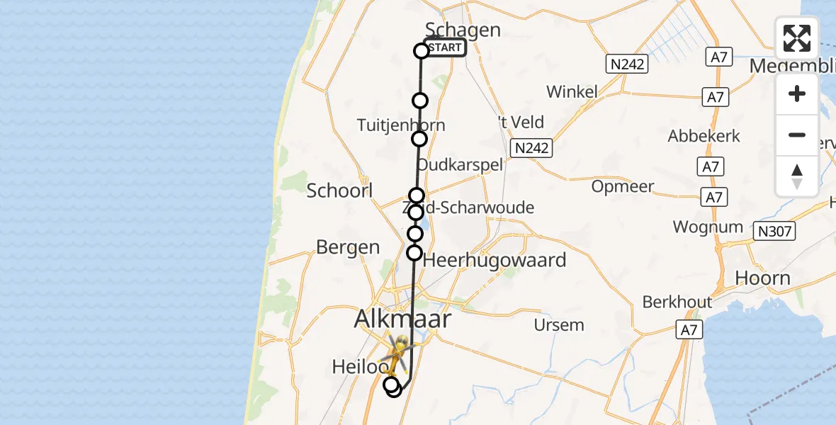 Vluchtroute Traumahelikopter Schagen - Alkmaar, 16 oktober 2026, 22:22