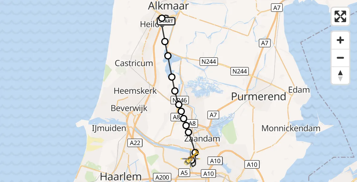 Vluchtroute Traumahelikopter Alkmaar - Amsterdam Heliport, 16 oktober 2026, 23:01