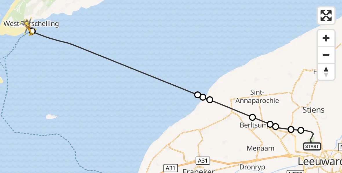 Vluchtroute Ambulancehelikopter Vliegbasis Leeuwarden - West-Terschelling, 17 oktober 2026, 04:38