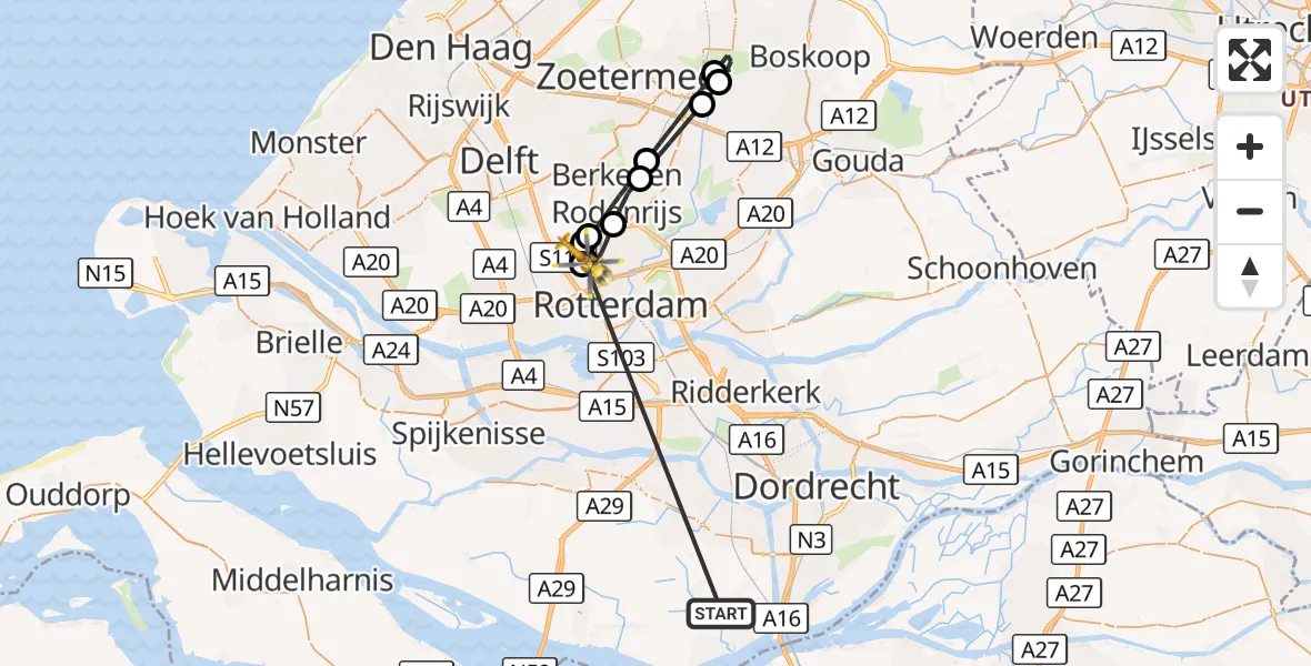 Vluchtroute Traumahelikopter Strijen - Rotterdam The Hague Airport, 17 oktober 2026, 06:14