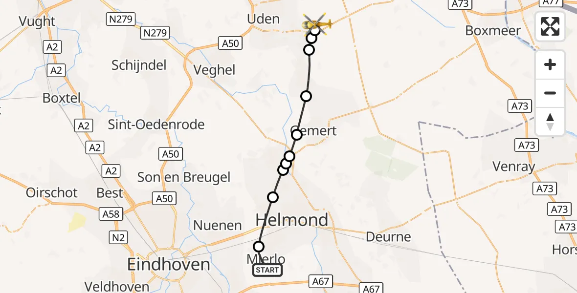 Vluchtroute Traumahelikopter Mierlo - Vliegbasis Volkel, 17 oktober 2026, 08:31