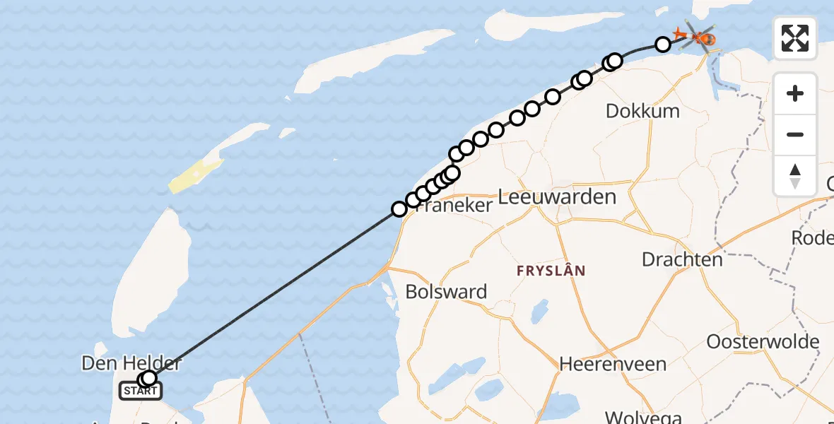 Vluchtroute Kustwachthelikopter Militair vliegveld De Kooy / Den Helder Airport - Noordzee, 17 oktober 2026, 08:38
