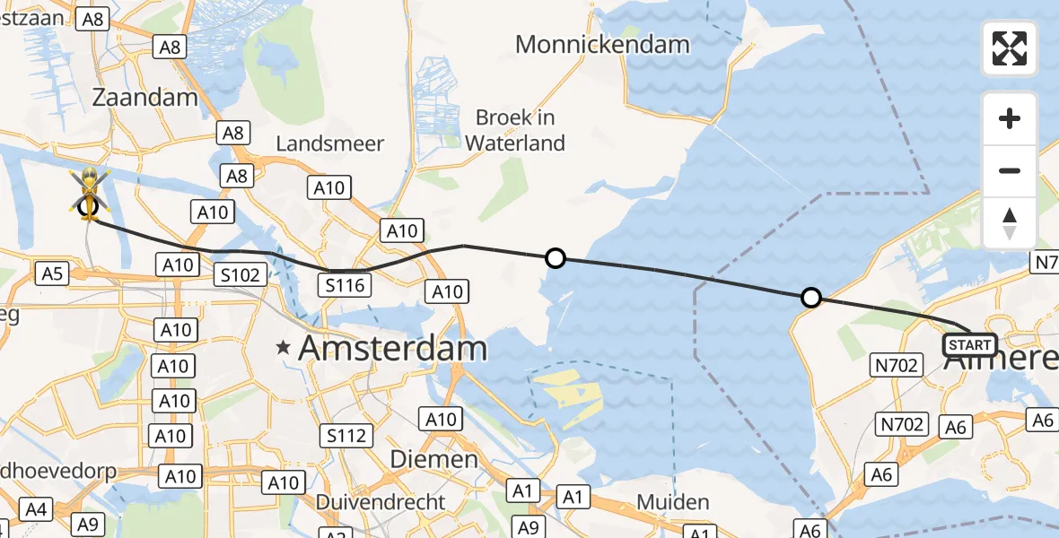 Vluchtroute Traumahelikopter Almere - Amsterdam Heliport, 17 oktober 2026, 11:10