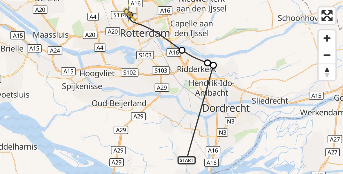 Vluchtroute Traumahelikopter Strijen - Rotterdam The Hague Airport, 17 oktober 2026, 12:19