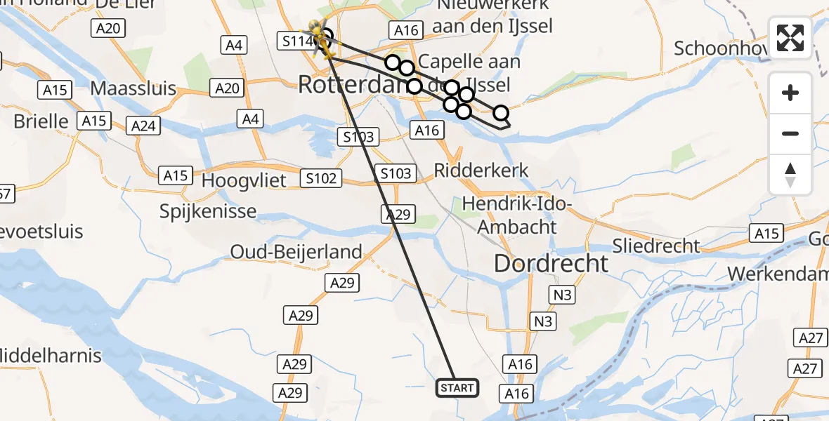 Vluchtroute Traumahelikopter Strijen - Rotterdam The Hague Airport, 17 oktober 2026, 12:37