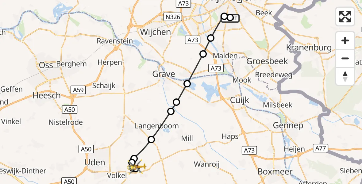 Vluchtroute Traumahelikopter Radboud Universitair Medisch Centrum - Vliegbasis Volkel, 17 oktober 2026, 12:44