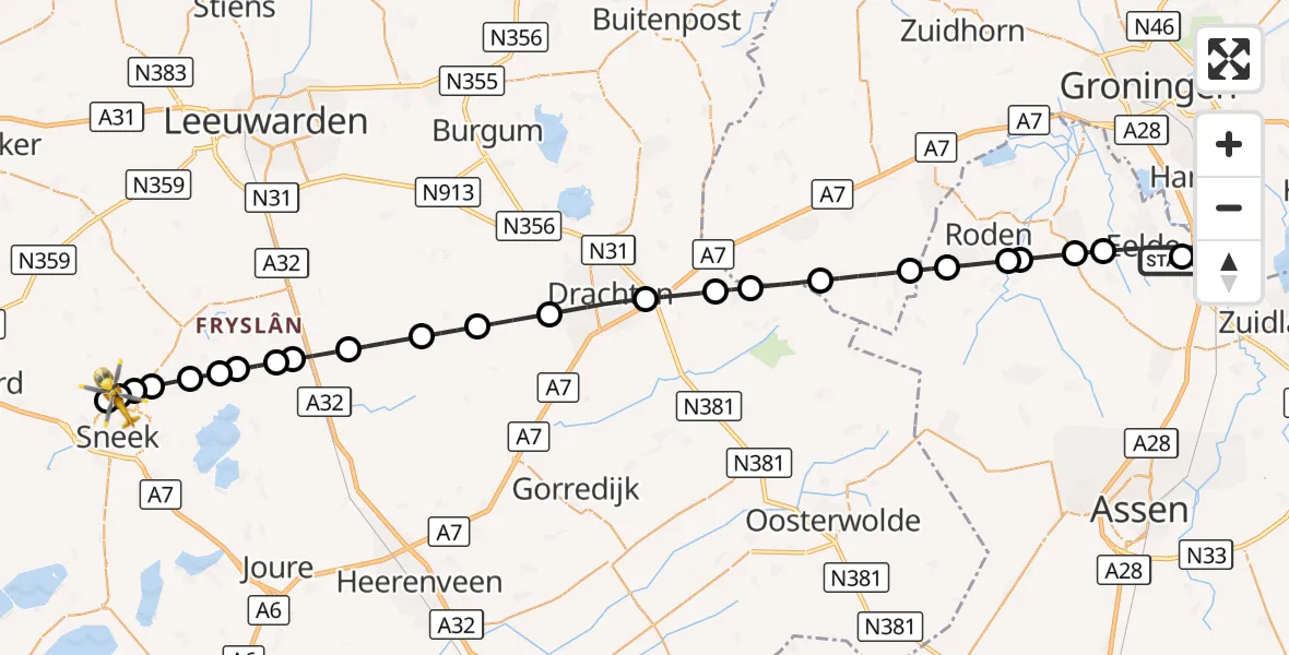 Vluchtroute Traumahelikopter Groningen Airport Eelde - Loënga, 17 oktober 2026, 13:20