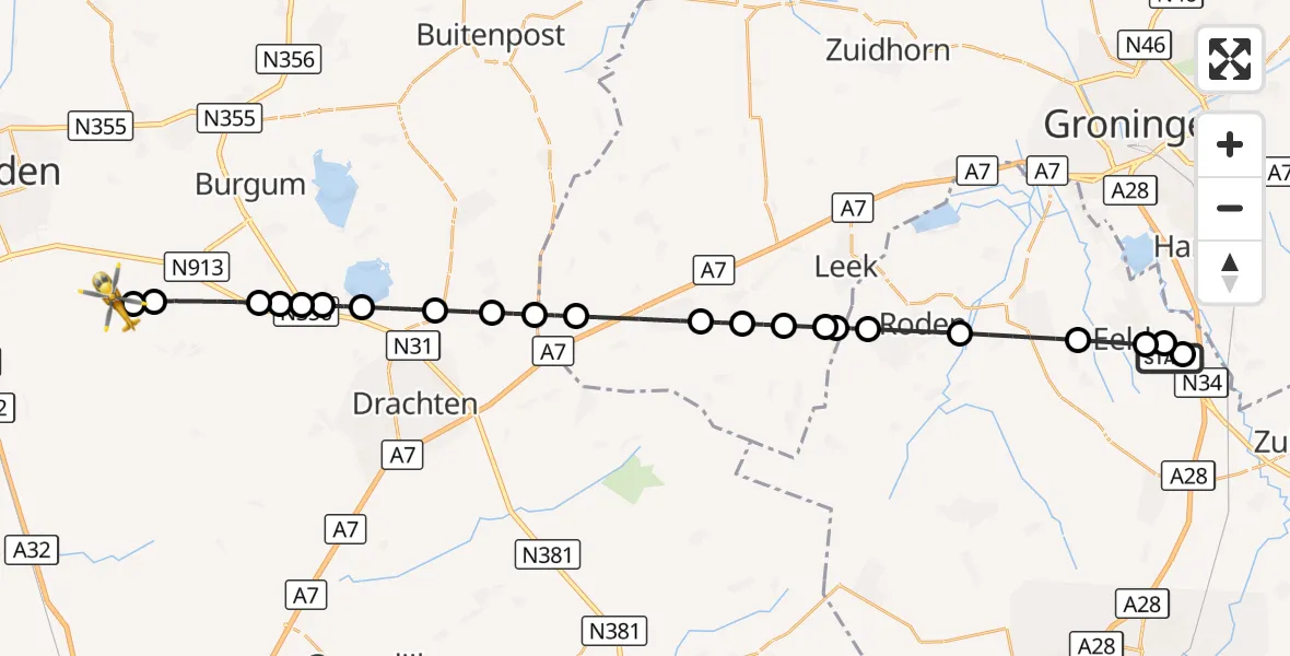 Vluchtroute Traumahelikopter Groningen Airport Eelde - Warten, 17 oktober 2026, 15:03