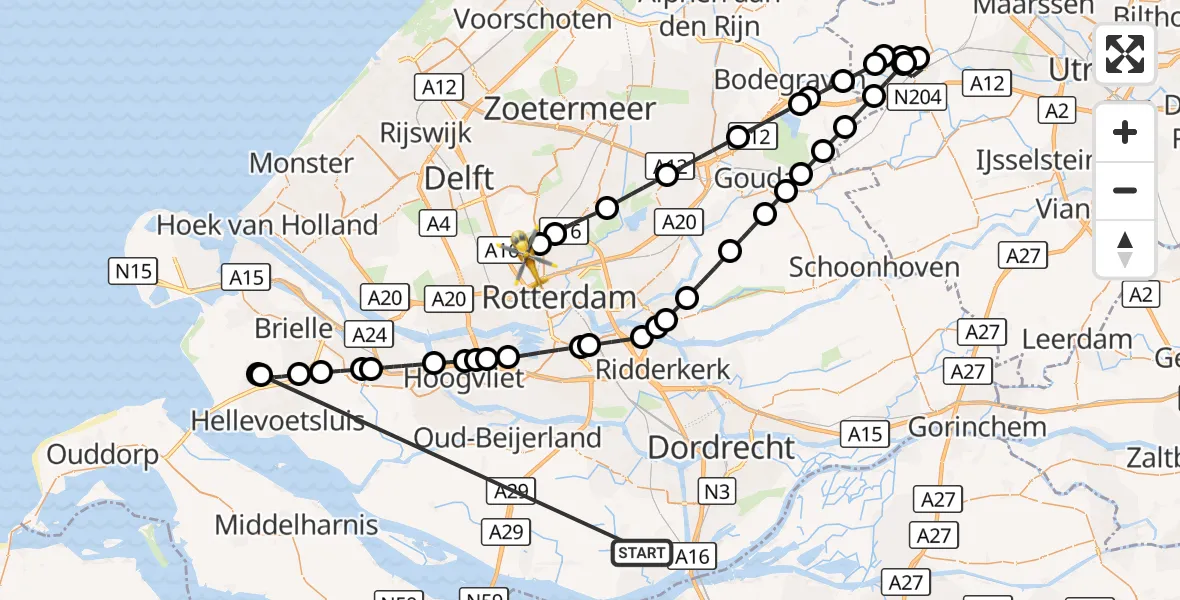 Vluchtroute Traumahelikopter Strijen - Rotterdam The Hague Airport, 17 oktober 2026, 19:43