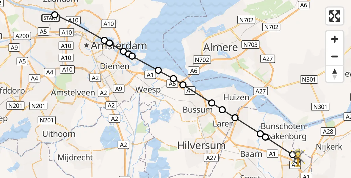 Vluchtroute Traumahelikopter Amsterdam Heliport - Amersfoort, 17 oktober 2026, 22:14