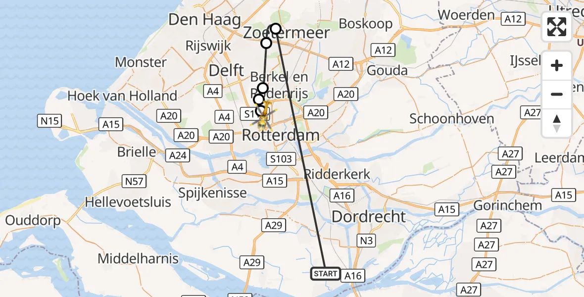 Vluchtroute Traumahelikopter Strijen - Rotterdam The Hague Airport, 17 oktober 2026, 22:47