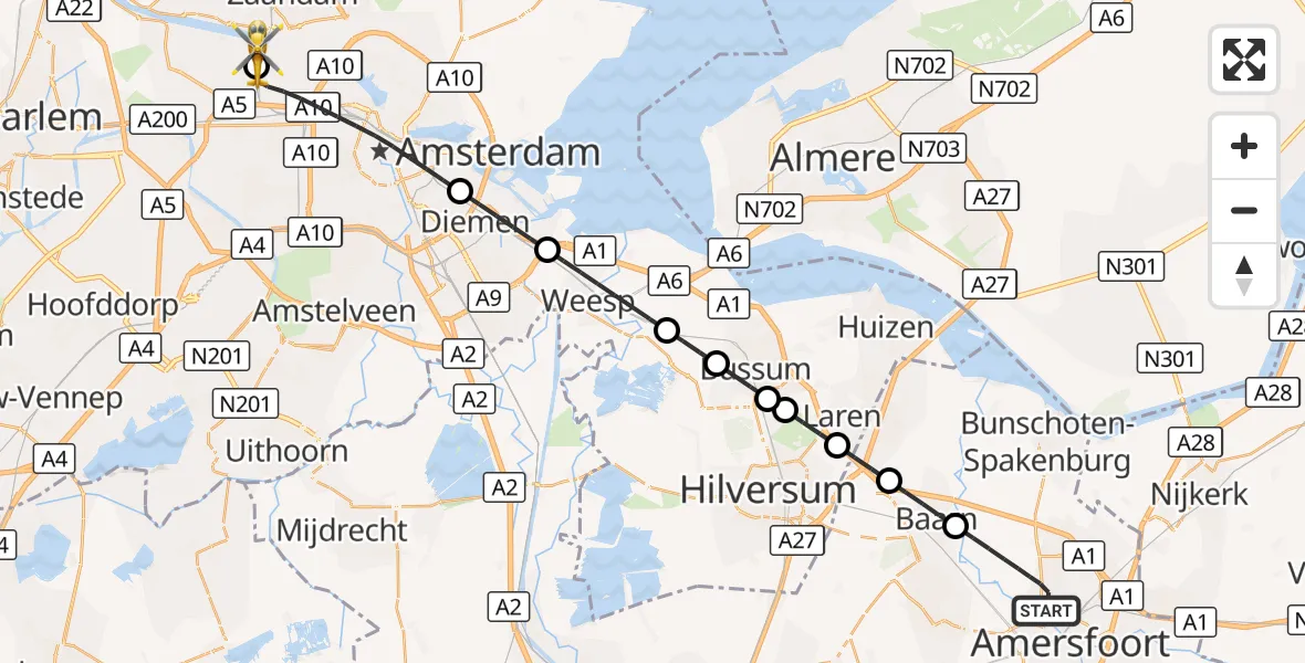 Vluchtroute Traumahelikopter Hoogland - Amsterdam Heliport, 17 oktober 2026, 23:03