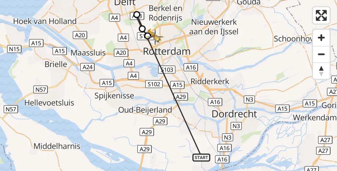 Vluchtroute Traumahelikopter Strijen - Rotterdam The Hague Airport, 18 oktober 2026, 06:46